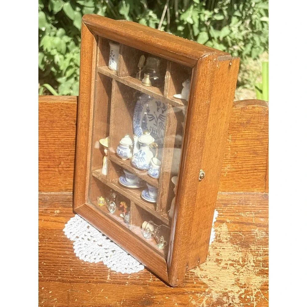 Vintage Blue Willow Miniature Tea Set Shadow Box Wall Display Case Cottagecore